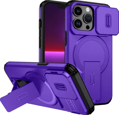 Obrázek produktu pro Magnetické pouzdro pro iPhone 13 Pro, dvouvrstvé odolné pouzdro s posuvnou ochranou fotoaparátu a nastavitelným stojánkem Fialová