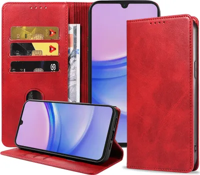 Produktbild von Smartphonica Handytasche passend für Samsung Galaxy A15 Kunstleder mit Magnetverschluss und Kartenhalter Buchhülle mit Klappe - Rot