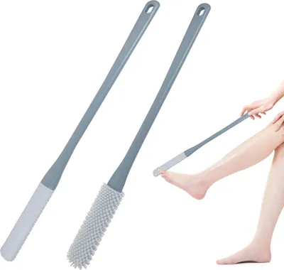 Image de Brosse à laver les pieds en silicone Lot de 2 têtes de brosse pour la douche des orteils pour personnes âgées Manche de douche pour pieds Gris