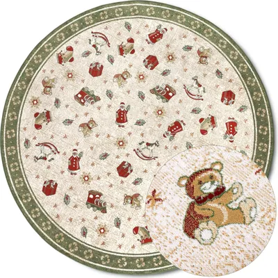A round rug with a festive, toy-themed pattern and a close-up inset of a teddy bear.