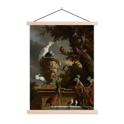 Produktbild von MuchoWow® Textilposter Die Menagerie - Gemälde von Melchior d'Hondecoeter 120x160 cm mit holzfarbenen Rahmen - Plakatkarton