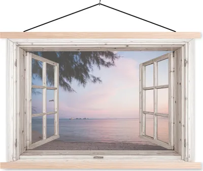 Produktbild von MuchoWow® Textilposter Aussicht - Strand - Palme 60x40 cm mit holzfarbenen Rahmen - Bilder