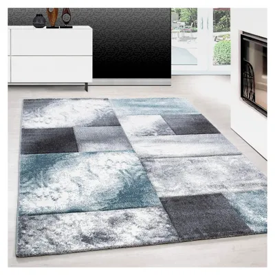 Produktbild von Moderner Kurzflor Teppichläufer für den Flur 80 x 150 cm Blau - Waschbarer Teppich mit kariertem Design, pflegeleicht und weich - Ideal als Bettvorleger im Schlafzimmer und Küchenläufer