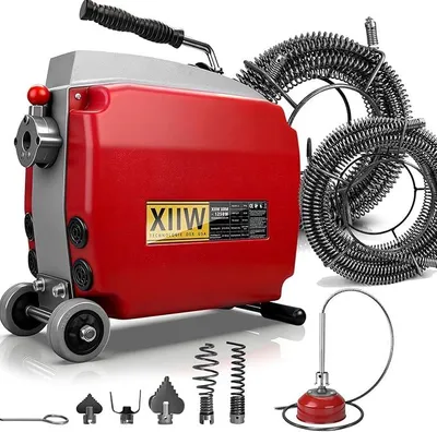 Zdjęcie produktu dla Maszyna do czyszczenia rur elektryczna, 1250W, do rur o średnicy 20-200 mm, 550 obrotów na minutę. W zestawie: spirale o średnicy 10 mm (3 metry), 22 mm (31,5 metra). Urządzenie do czyszczenia rur, spirala do czyszczenia rur, urządzenie do udrażniania odpływów, środek do czyszczenia odpływów