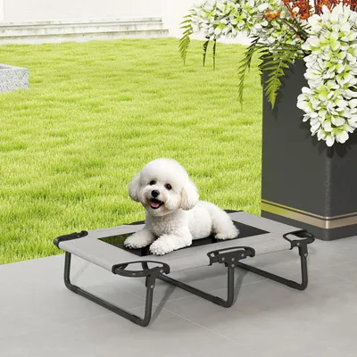 Produktbild von SUGIFT Hundeliege Outdoor, Erhöhtes Hundebett klappbar, Haustierbett Netzgewebe, Hellgrau  |  1,44 kg  |  Stahl & Polyester  |  75 x 51 x 18 cm