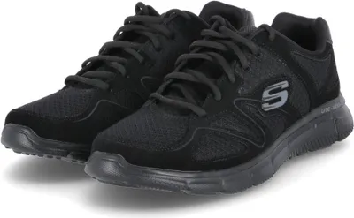 A pair of black Skechers athletic shoes.
