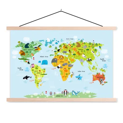 Obrázek produktu pro MuchoWow® Textilní plakát - Mapa světa - Děti - Zvířata - Příroda - Chlapci - Dívky - 90x60cm - S hnědými lamelami