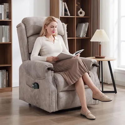 Image de Fauteuil téléviseur électrique avec assistance pour se lever, fauteuil relaxant, fauteuil de massage, revêtement en velours, gris clair. Inclinaison jusqu'à 155°, 8 points de massage, fonction de chauffage lombaire