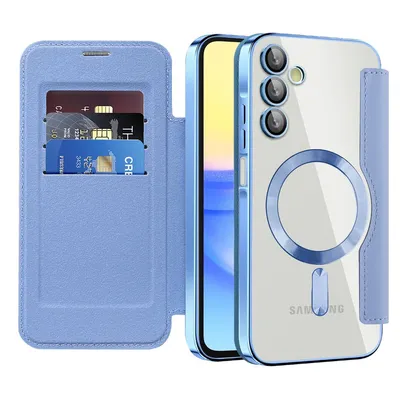 Produktbild von Klapphülle für Samsung Galaxy A15 Kompatibel mit Magsafe, Klar Überzug Kartenhalter Ledertasche mit Kameraschutz Hellblau