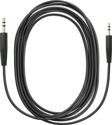 A black audio cable coiled on a white background.