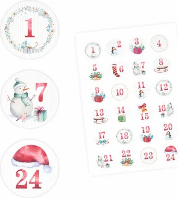 Produktbild von 24 Adventskalender Zahlen Aufkleber Aquarell - rund 4 cm Ø - Sticker Weihnachten zum basteln dekorieren DIY
