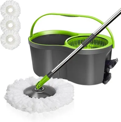 Immagine prodotto di Set di mop per pavimenti Unyqoos® con secchio – Mocio multifunzione 2-in-1, 3 tamponi in microfibra, testa rotante a 360°, manico telescopico da 100–128 cm, capacità 9,8 L, colore verde