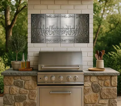 Produktbild von CopperAndCraft Edelstahl Wandpaneel Set 120x60 cm, Handgefertigtes Flammenmotiv, Rostfrei und Hitzebeständig, Für Küche Kamin Loft, EU Herstellung