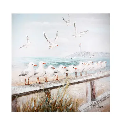 Produktbild von GILDE Leinwandbilder Bild Seaside blau, weiss, grau, Möwen, handbemalt H. 60 cm,52359