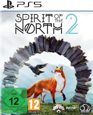The image shows the game box art for Spirit of the North 2 on PS5. It features a fox and a bird under a stone archway, with game title and age rating information.