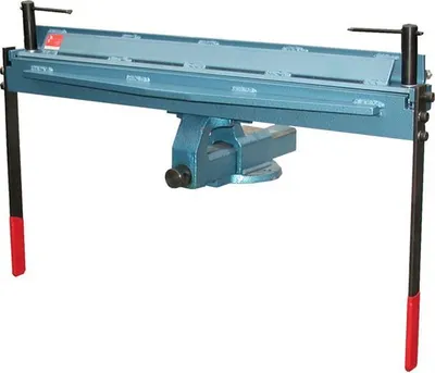 A blue metal sheet bender with a vise attached, shown against a white background.