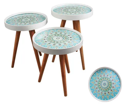 Produktbild von HOOZ® 3er Set Beistelltisch stapelbar & zusammenschiebbar – moderner Satztisch – Sofatisch Set für Wohnzimmer – Tischset in Ornament Design