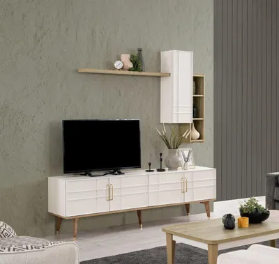 Zdjęcie produktu dla Zestaw TV szafka RTV niska półka do salonu białe drewno