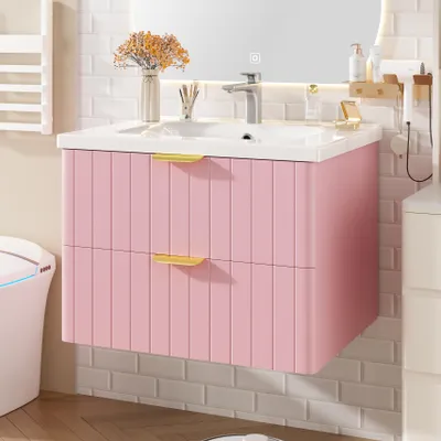 Image de Merax Meuble sous-vasque suspendu, avec vasque en céramique, 2 tiroirs, meuble vasque, Petite armoire de salle de bains, 60,5x47,5x47 cm, rose