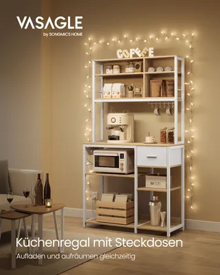 Produktbild von VASAGLE Küchenregal mit Steckdosen, Standregal, Mikrowellen-Regal, verstellbare Ablagen, Stoffschublade, 12 Haken, 40 x 100 x 180,4 cm, für Mikrowelle