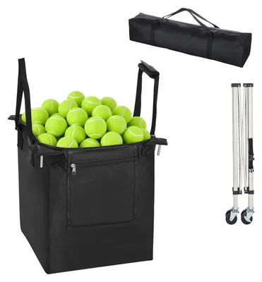 Produktbild von Tennisballwagen Faltbar, Tennisballkorb für 200 Tennisbälle, Klappbarer Ballwagen mit Rahmen aus Edelstahl & Tragetasche