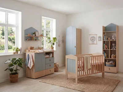 Produktbild von Babyzimmer Set Roofy 6-tlg. Kleiderschrank 1-türig, Wickelkommode, Babybett, Wandregal, Standregal, Umbauseiten