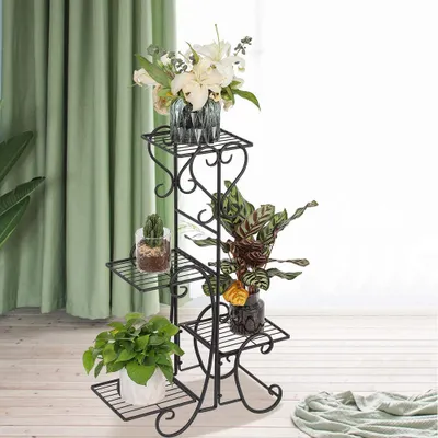 Produktbild von Pflanzenständer Metall Blumenregal Blumenständer Standregal 57x22x107cm Schwarz