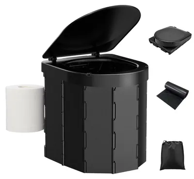 Image de Toilette de camping pliable - Portable - Jusqu'à 400 lbs - Avec couvercle et sacs à toilette