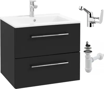 Immagine prodotto di Mobile da bagno con lavabo da 60 cm, nero opaco, cassetti, rubinetto cromato laterale