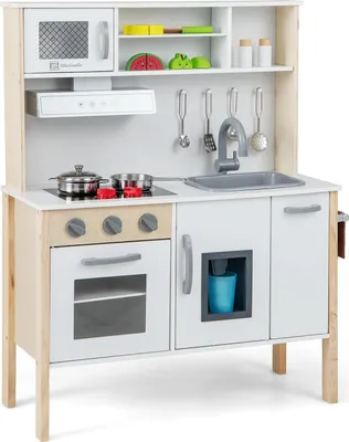 Produktbild von GOPLUS Kinderküche Holz, Kinderspielküche mit Mikrowelle, Spüle, Wasserhahn, Gasherde, Abzugshaube, Eismaschine & Backofen, Spielzeugküche Holzküche
