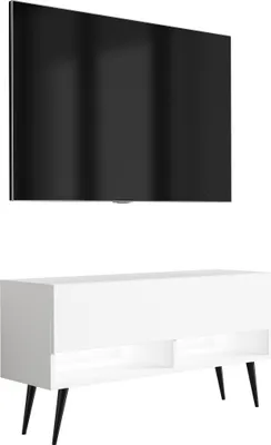 Produktbild von TV-Lowboard 100 cm Mattweiß, schwarze schräge Beine, weiße LED, 100 × 32 × 52 cm