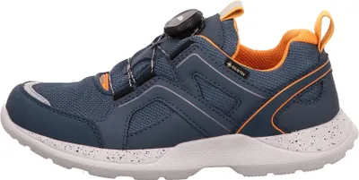 A side view of a single blue and orange athletic shoe.