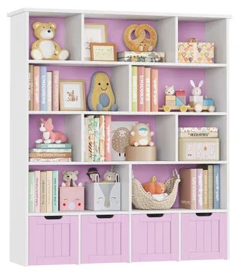 Produktbild von Spielzeugregal Kinder - Bücherregal mit 4 Rollschubladen - 11 Fächer - Holz - 125,5x33x146 cm - Rosa