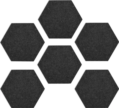 Produktbild von Navaris Filz Memoboards Set sechseckig - 6x Filz Pinnwand 15x17,7x1,5cm mit Pinnnadeln und Klebeband - Pinwand für Kinderzimmer Büro - Dunkelgrau
