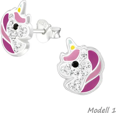 Produktbild von Kinderohrstecker „Einhorn“: 925 Silber Ohrringe bunt mit Kristall Modell 1