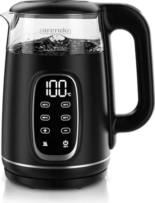 A black electric kettle with a glass body is shown against a white background. The kettle has a digital display showing the temperature and various control buttons.