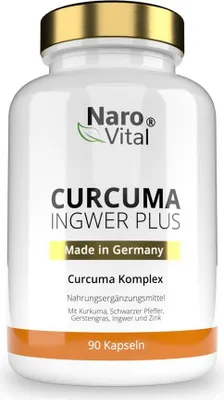 A white bottle of NaroVital Curcuma Ingwer Plus capsules with a gold cap, set against a white background.