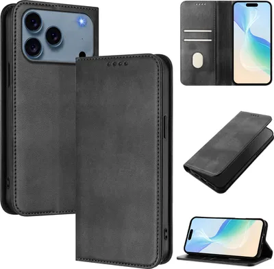 Produktbild von Handyhülle für iPhone 17 Pro, Vintage Leder RFID Schutz Kartenfach Standfunktion Magnetische Klapphülle Schwarz