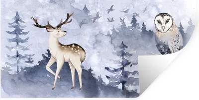 Produktbild von MuchoWow® Wandtattoo Wandsticker Wandaufkleber Winter - Rotwild - Eule 160x80 cm Selbstklebend und Repositionierbar - Sticker - Dekorfolie