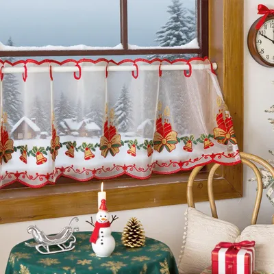 Productafbeelding van Kerst, gordijn, geborduurd, voile, wit, transparant, gordijn, bistro-gordijn, kort gordijn, met golfrand, met oogjes, klokkenmotief, B85xH50cm
