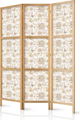 Produktbild von 3-teiliger Einseitiger Vlies Japanischer Paravent - Beige Shades of Nature - Flowers and Butterflies on a White Background - Illustration 135x172 cm Blumen b-B-10445-bh-a