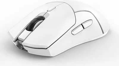 A white wireless gaming mouse is shown from a slightly elevated side angle against a white background.