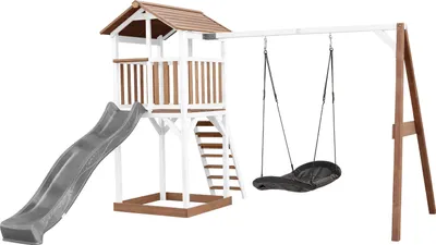 Produktbild von AXI Beach Tower Spielturm aus Holz in Braun & Weiß | Spielhaus für Kinder mit grauer Rutsche, Nestschaukel und Sandkasten | Stelzenhaus für den Garten