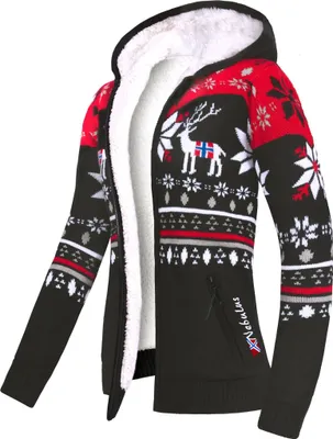 Produktbild von Nebulus Norweger Jacke Hoody mit Teddyfell NORON Damen, mit Kapuze, schicker Pullover im Norweger-Style, P6408 - Damen, schwarz-rot, L/40