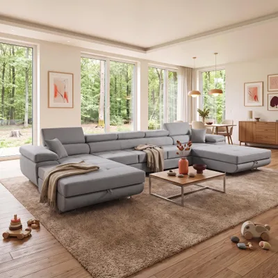 Produktbild von MUFFO Ecksofa U-Form ALONZO MAXI U mit Schlaffunktion 125x318 Velours Grau, KI-generiertes Bild
