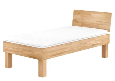 A wooden bed frame with a white mattress on a white background.