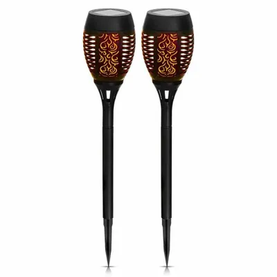 Image de Lot de 2 lampes solaires à piquer, noires, avec effet flamme, hauteur 50 cm