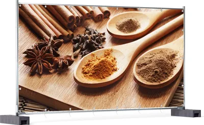 Produktbild von Wallario XXL Outdoor-Poster für Garten oder Balkon, Motiv Kräuter und Gewürze auf Holzlöffeln, in ca. 340 x 173 cm