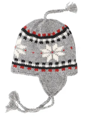 Produktbild von Wollmütze mit Ohrenklappen, Norwegermütze, Wintermütze - Grau/rot, Uni, Wolle, Mützen, Hüte