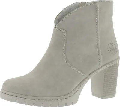 A single beige ankle boot with a block heel is shown against a white background.